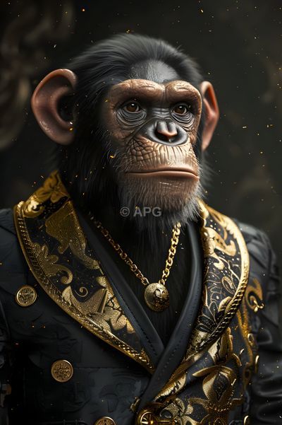 KI-generiertes Porträt: Schimpanse in barockem Gold-Outfit